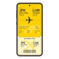 Plane ticket on the smartphone screen. Mobile boarding pass. Online, electronic airline ticket. Modern flight card blank design.